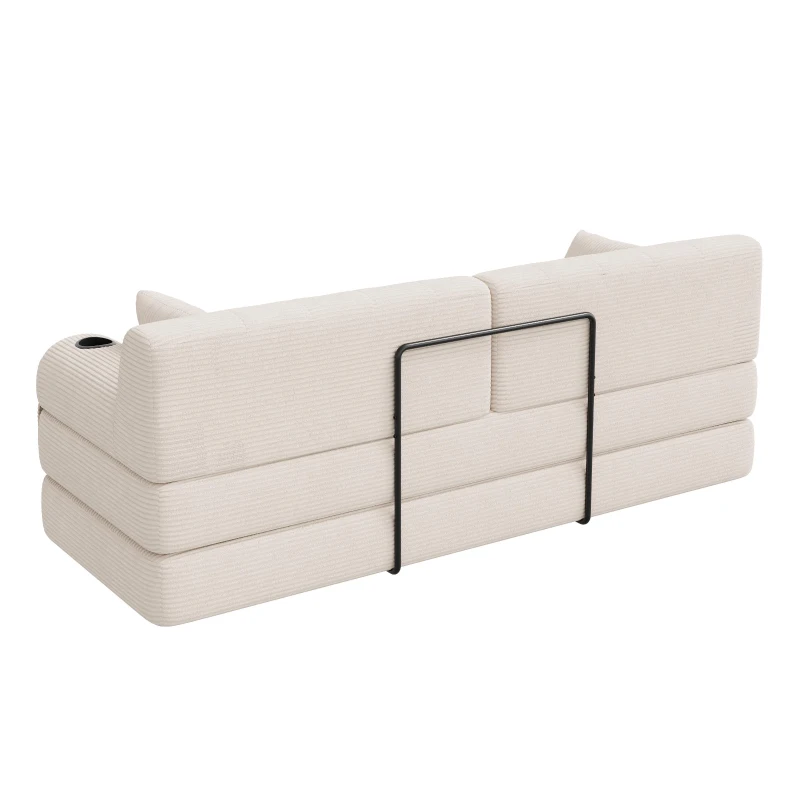 3-Seater Sleeper Sofa with Corduroy High-Back and High-Density Foam, Space-Saving Sofa Bed with 4 Side Pockets, 208L x 80W x 81H cm, Beige