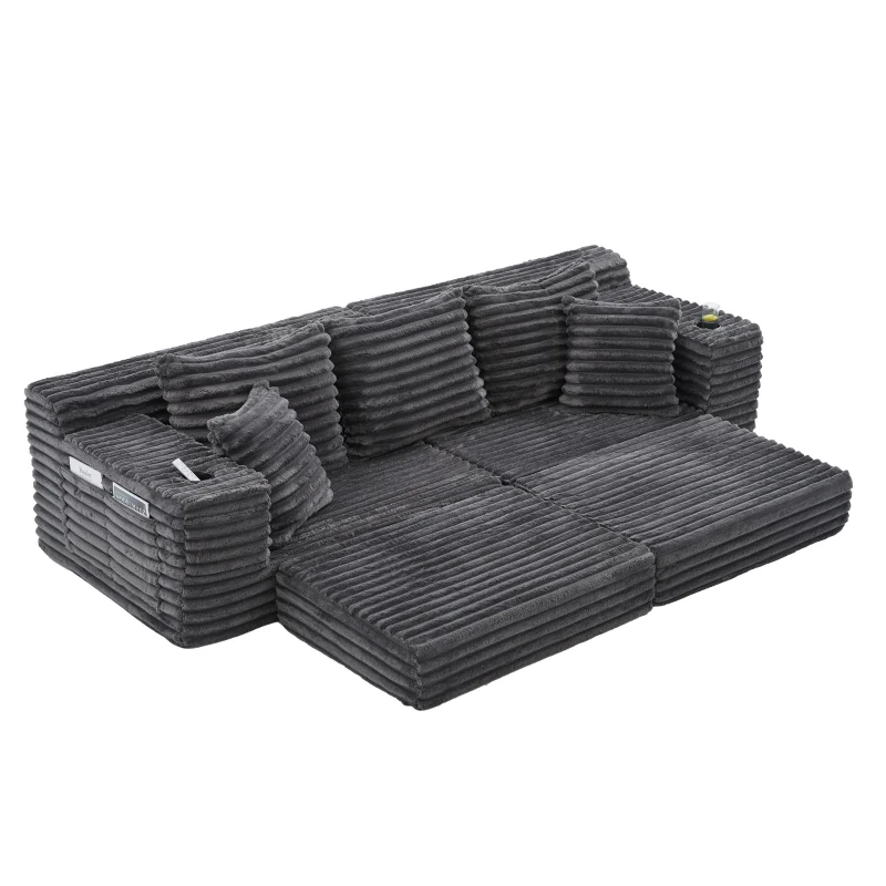 Convertible Sofa Bed with High Backrest and Extra Pillow, Ribbed Corduroy Couch with Dual Side Pockets, 107.5L x 38.5W x 34H cm, Dark Gray