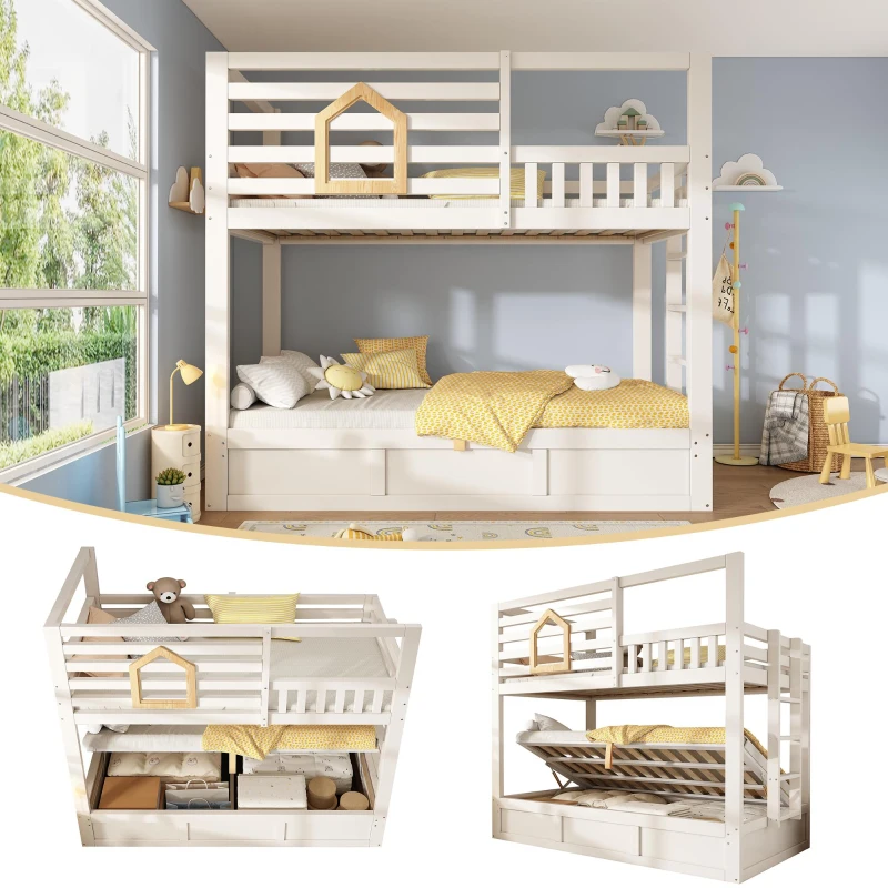 Children's Cabin Bunk Bed with Hydraulic Underbed Storage, Space‑Saving Bed Frame with Integrated Ladder, 200L x 102W x 184H cm, White