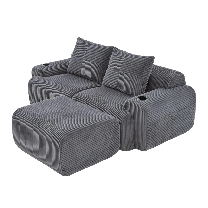 Modular 2-Seater Sofa with Foam-Filled Plush Seats, Dark Grey Corduroy Couch with Built-In Cup Holder, 200L x 174W x 80H cm, Dark Gray