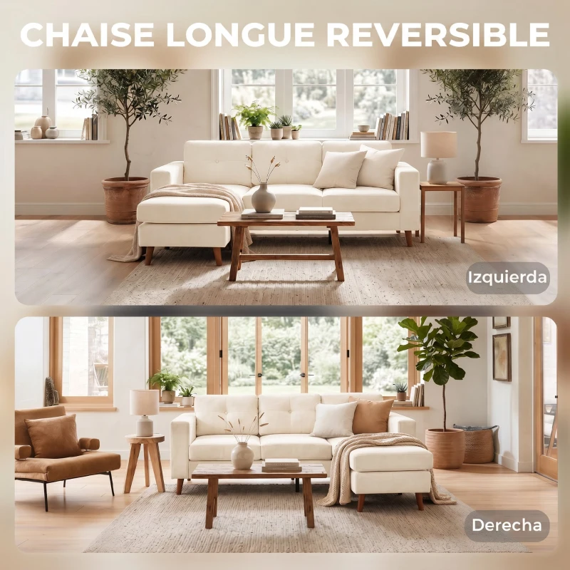 HOMCOM Sofá esquinero 192 cm en L 3 plazas con chaiselongue reversible, acabado en pana, para espacios pequeños, blanco crema