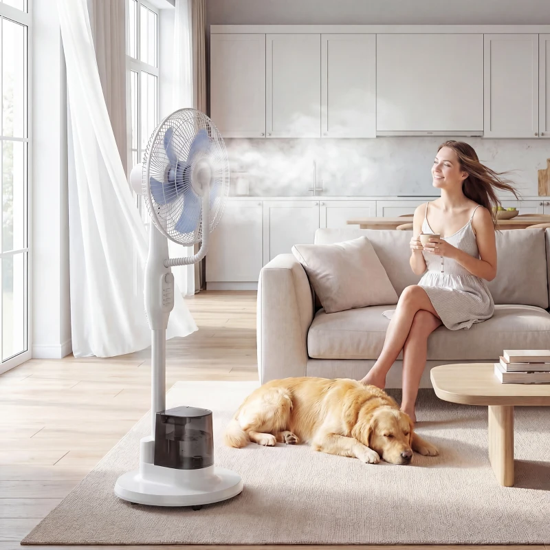 HOMCOM Ventilador Nebulizador 90W Oscilación de 70° 3 Velocidades 5 Aspas Depósito de Agua de 3,5L 5 Ruedas Blanco