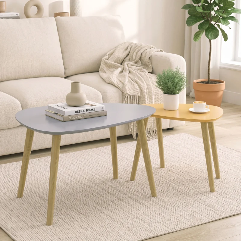 HOMCOM Lot de 2 tables basses gigognes design scandinave pieds en bois et plateau en bois, gris et jaune
