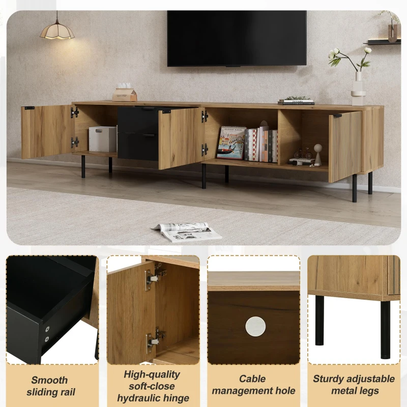 Durable TV Unit with Integrated Cable Management, Modern Lowboard with 2 Drawers and 3 Cabinets, 208L x 40W x 48H cm, Natural
