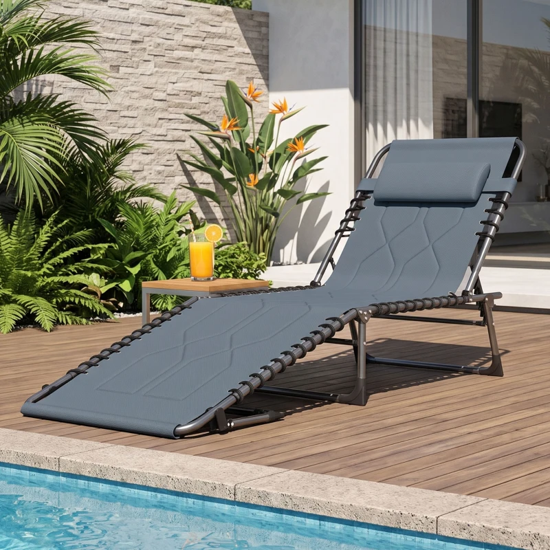 Outsunny Sonnenliege, Faltbare Gartenliege, Klappliege mit Kissen, 5-stufige Rückenlehne, Oxfordstoff, 188 x 57 x 30 cm, Grau