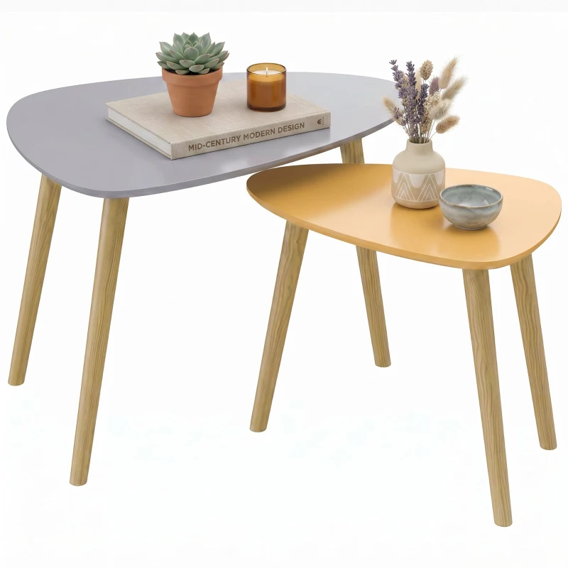 HOMCOM 2er-Set Beistelltische im skandinavischen Design mit Holzbeinen und Holzplatte, Grau und Gelb