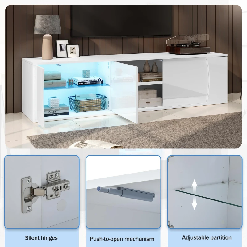 Freestanding TV Cabinet with LED Ambient Lighting and Tempered Glass Display, Modern Lowboard with 3 Doors, 180L x 40W x 45H cm, White