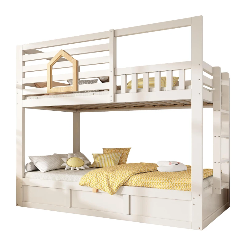 Children's Cabin Bunk Bed with Hydraulic Underbed Storage, Space‑Saving Bed Frame with Integrated Ladder, 200L x 102W x 184H cm, White