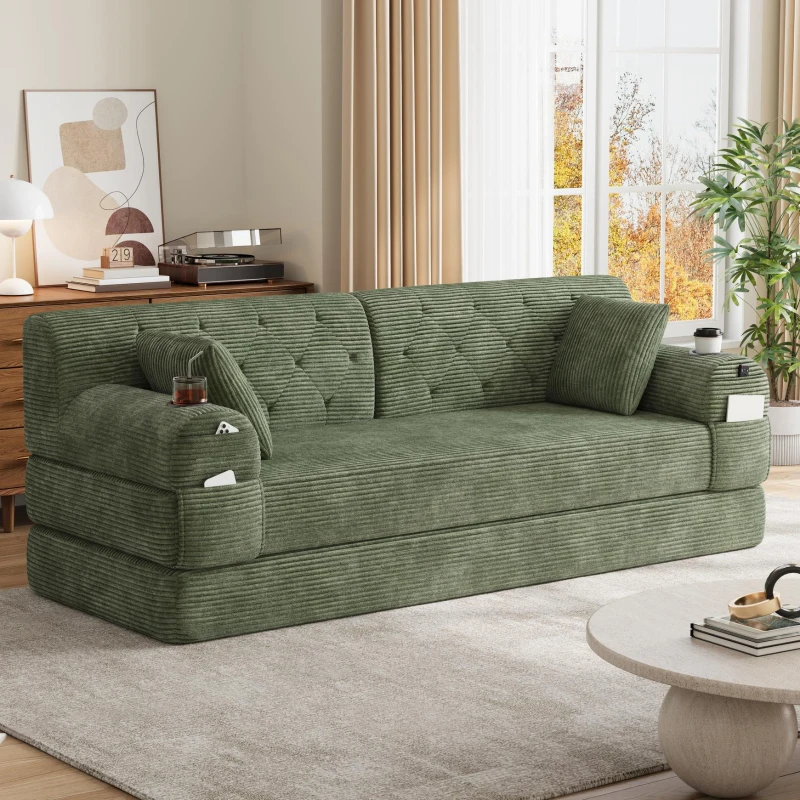 3-Seater Sleeper Sofa with Corduroy High-Back and High-Density Foam, Space-Saving Sofa Bed with 4 Side Pockets, 208L x 80W x 81H cm, Green