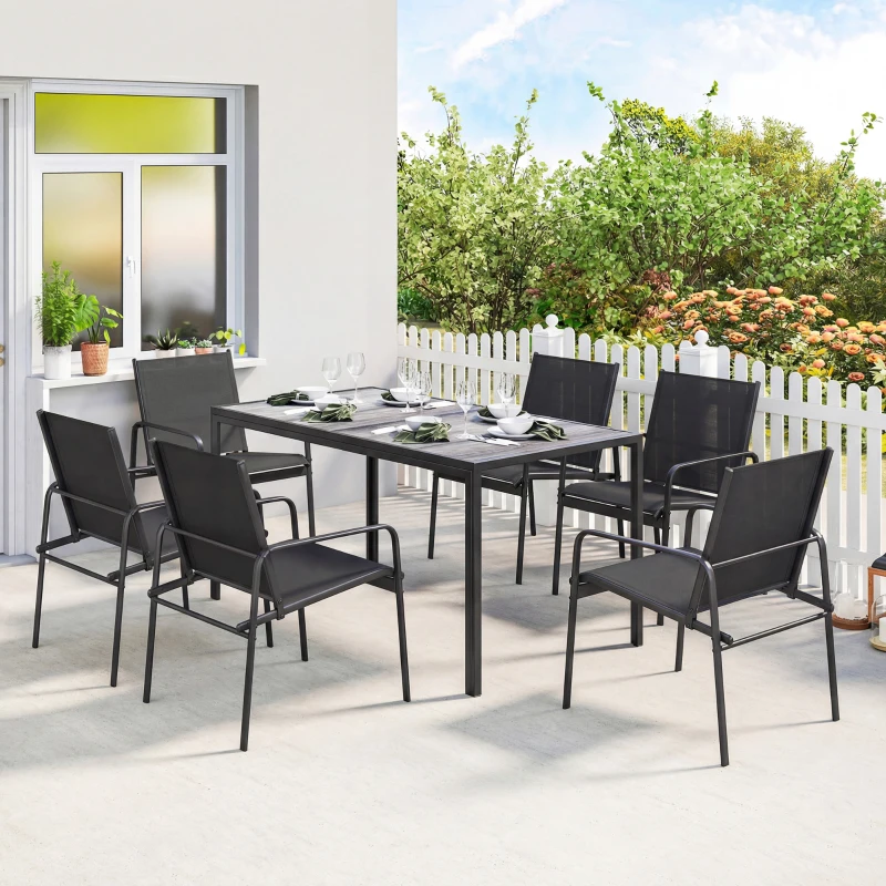 Outsunny Gartenmöbel Set Sitzgruppe 150 x 80cm Tisch mit 6 Atmungsaktiven Stühlen Holzoptik Stahlrahmen Schwarz