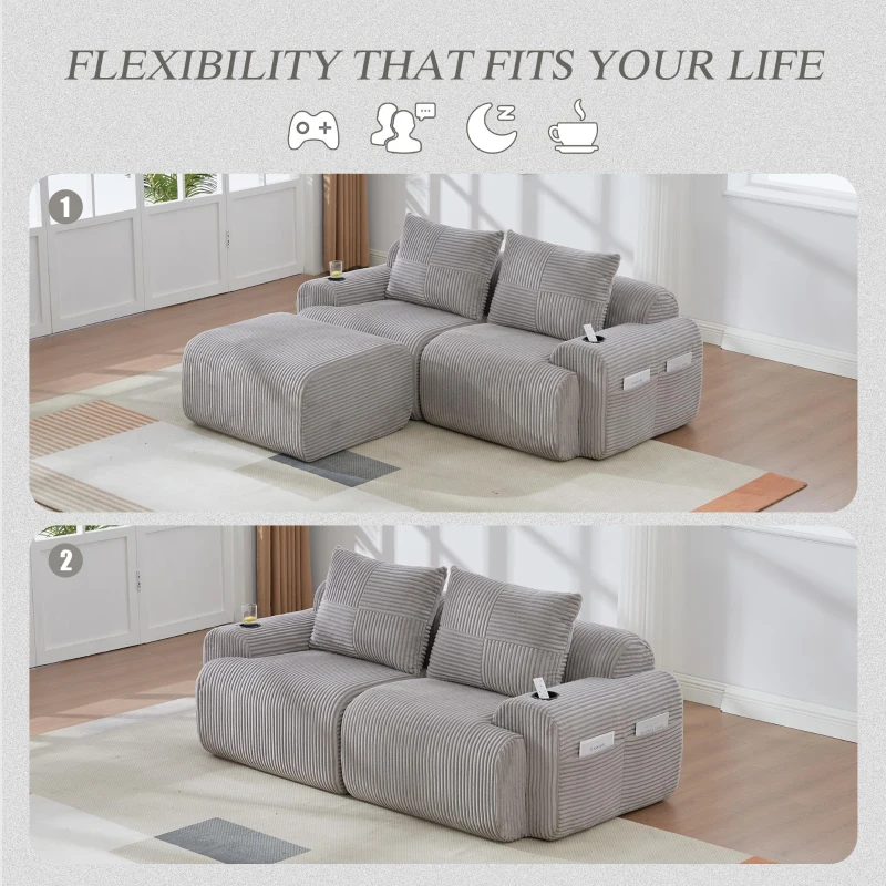 Modular 2-Seater Sofa with Foam-Filled Plush Seats, Light Grey Corduroy Couch with Built-In Cup Holder, 200L x 174W x 80H cm, Light Gray