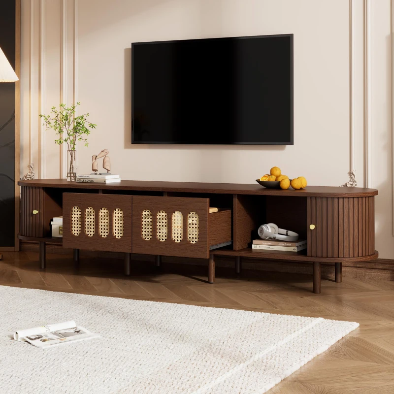 Modern TV Stand with 2 Rattan-Effect Drawers, Durable Media Unit with Large Storage, 180L x 40W x 40H cm, Walnut