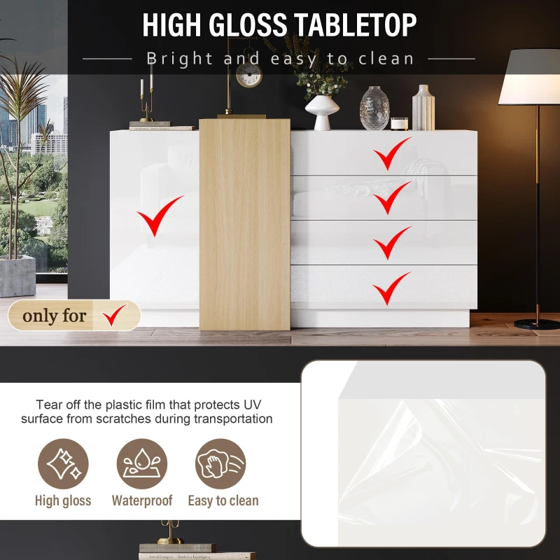 High-Gloss Sideboard with 4 Drawers and 2 Doors, Stylish Storage Cabinet with Anti-Tilt Safety Rails, 140L x 35W x 76.5H cm, White