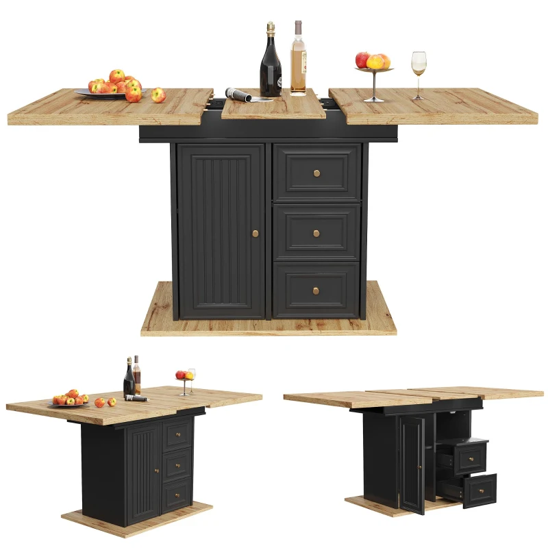 Concealed Telescopic Kitchen Table with High-Density MDF Tabletop, Extendable Dining Table with Built-In Leg Storage, 110L x 80W x 75H cm, Black