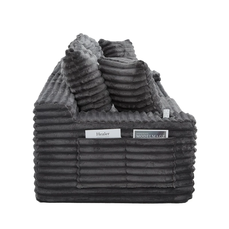 Convertible Sofa Bed with High Backrest and Extra Pillow, Ribbed Corduroy Couch with Dual Side Pockets, 107.5L x 38.5W x 34H cm, Dark Gray