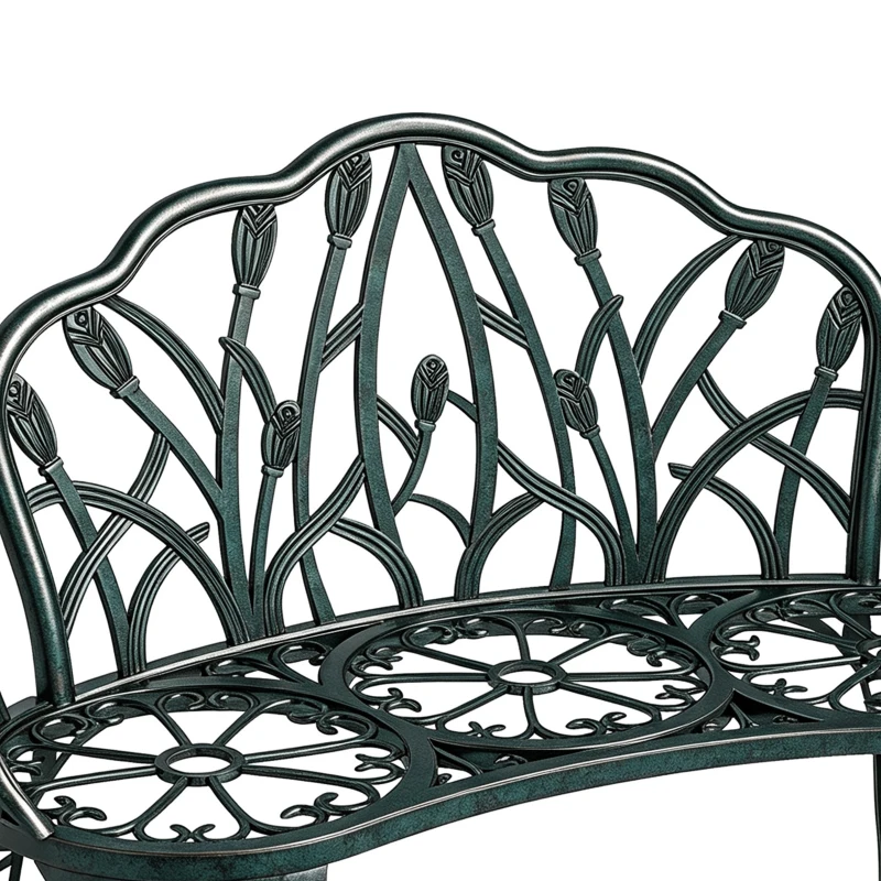Outsunny Banc de jardin en aluminium moulé, banc extérieur 2 places avec dossier tulipe, assise florale, 99x57x78cm, vert antique