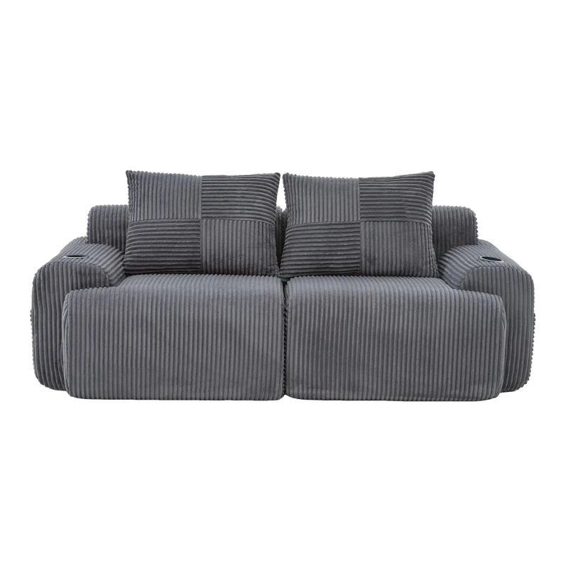 Modular 2-Seater Sofa with Built-In Cup Holder and Side Storage Pocket, Ribbed Corduroy Couch with High-Density Foam, 200L x 99W x 80H cm, Dark Gray