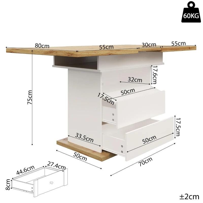 Extendable Dining Table with Hidden Storage, Modern Extension Table with Magnetic Soft-Close, 140L x 80W x 75H cm, White