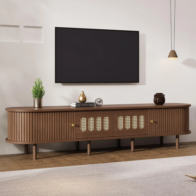 Modern TV Stand with 2 Rattan-Effect Drawers, Durable Media Unit with Large Storage, 180L x 40W x 40H cm, Walnut