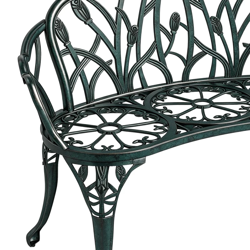 Outsunny Banc de jardin en aluminium moulé, banc extérieur 2 places avec dossier tulipe, assise florale, 99x57x78cm, vert antique