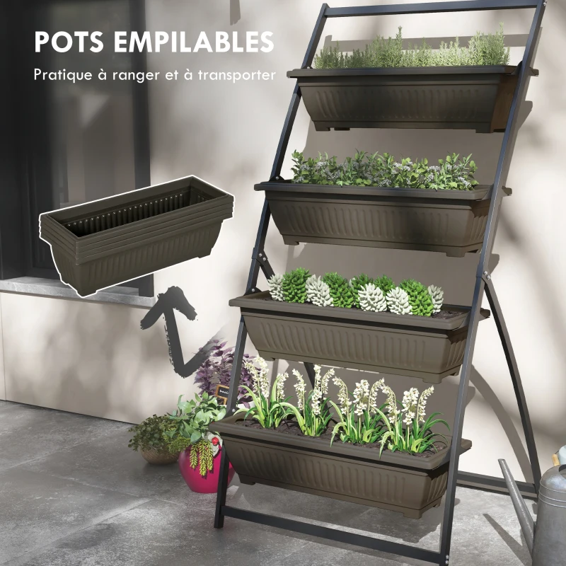 Outsunny Étagère à Fleurs en Acier 4 Niveaux, Support de Plantes Vertical avec 4 Bacs et Trous de Drainage, 76x79x162cm, Marron