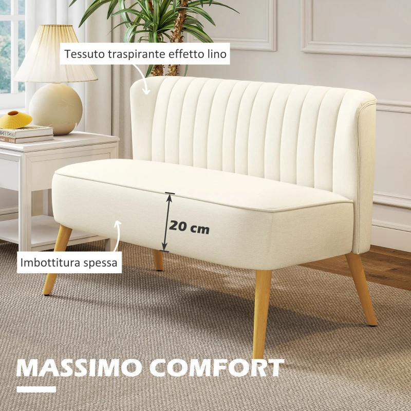 HOMCOM Divano 2 Posti in Tessuto Effetto Lino Senza Braccioli con Gambe in Legno, 117x56.5x77 cm, Bianco Crema