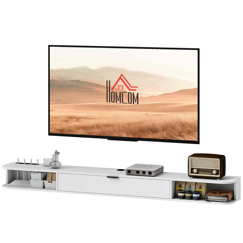 HOMCOM Wand-TV-Möbel, TV-Bank für Fernseher bis 190,5 cm, Klappschublade, 2 Regale, 180x24x16cm, Weiß