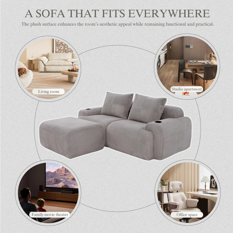 Modular 2-Seater Sofa with Foam-Filled Plush Seats, Light Grey Corduroy Couch with Built-In Cup Holder, 200L x 174W x 80H cm, Light Gray