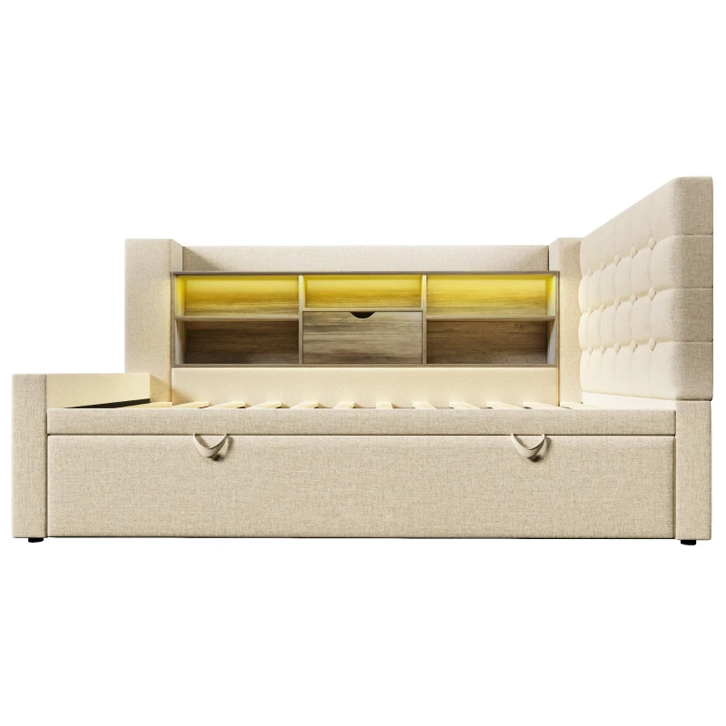 Convertible Daybed Trundle with Clever Storage and Sturdy Frame, Breathable Linen Sofa Bed with Integrated Charging, 204L x 107W x 88H cm, Beige