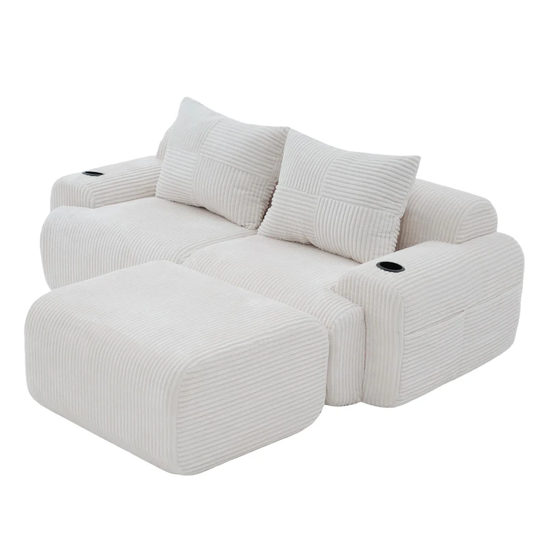 Modular 2-Seater Sofa with Foam-Filled Plush Seats, Beige Corduroy Couch with Built-In Cup Holder, 200L x 174W x 80H cm, Beige