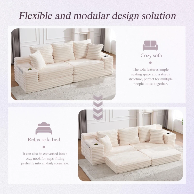 Convertible Sofa Bed with High Backrest and Extra Pillow, Ribbed Corduroy Couch with Dual Side Pockets, 107.5L x 38.5W x 34H cm, Beige