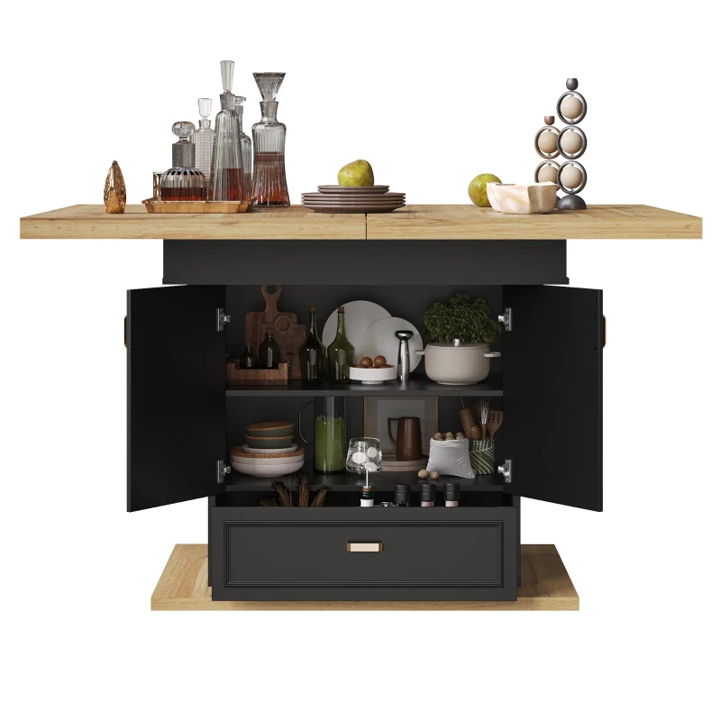 Lockable Telescopic Kitchen Table with Wood‑Grain High‑Density MDF Top, Extendable Dining Table with Concealed Storage, 110L x 80W x 75H cm, Black