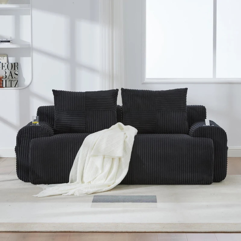 Modular 2-Seater Sofa with Built-In Cup Holder and Side Storage Pocket, Ribbed Corduroy Couch with High-Density Foam, 200L x 99W x 80H cm, Black