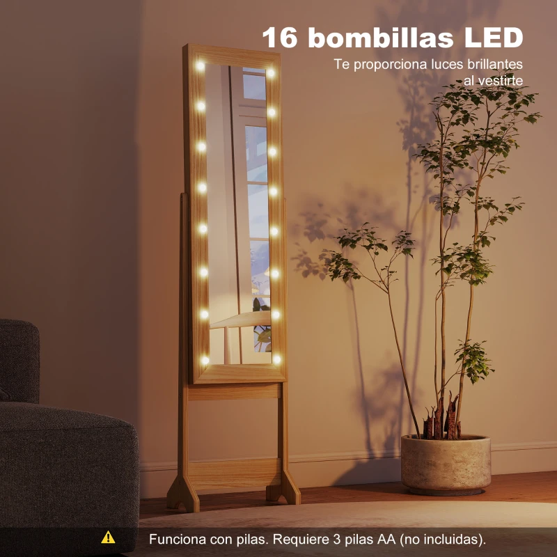 HOMCOM Espejo Joyero con Luces LED Armario para Joyas Armario Joyero de Pie con Espejo Entero Ángulo Ajustable Madera Natural