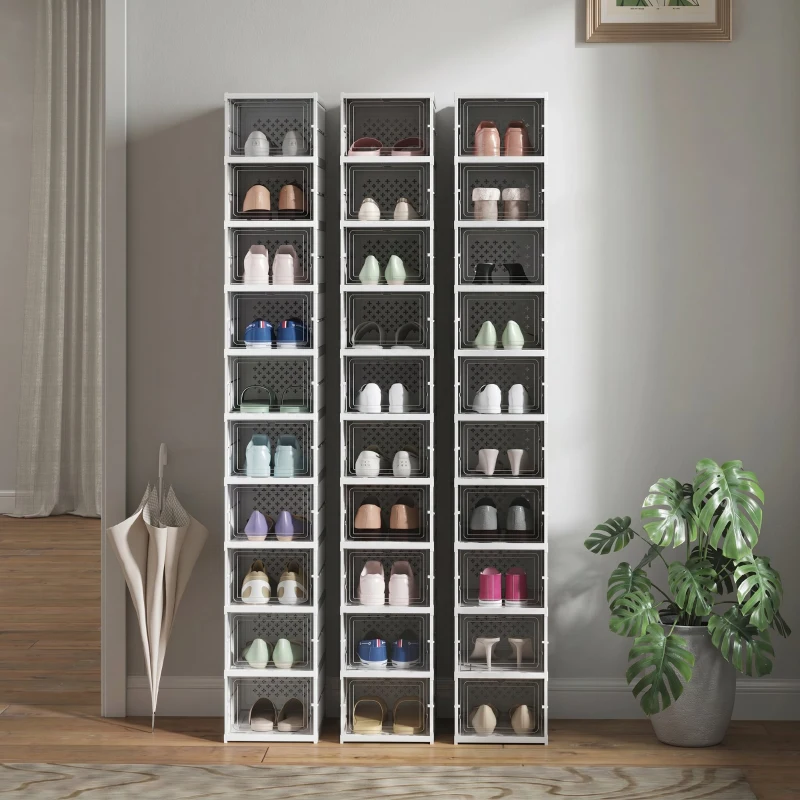 HOMCOM Scarpiera Pieghevole Slim Modulabile con 10 Contenitori per Scarpe, Scarpiera Salvaspazio con Pannello Trasparente, Senza Montaggio, Bianco