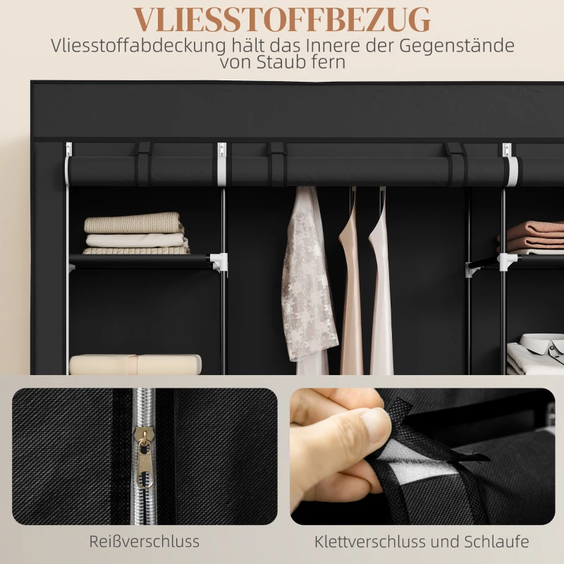 HOMCOM Stoffen Kledingkast van Vlies, Opvouwbare Kast, 1 Kledingstang, 9 Planken, 150 cm x 43 cm x 162,5 cm, Zwart