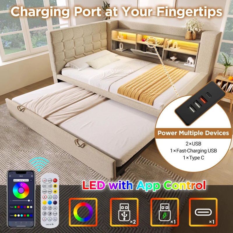 Convertible Daybed Trundle with Clever Storage and Sturdy Frame, Breathable Linen Sofa Bed with Integrated Charging, 204L x 107W x 88H cm, Beige