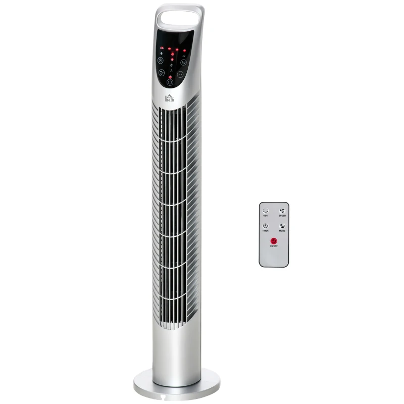 HOMCOM Ventilador de Torre Ventilador Vertical 40W con Mando a Distancia 3 Velocidades Temporizador 7,5h Ø18x78,5 cm Plata