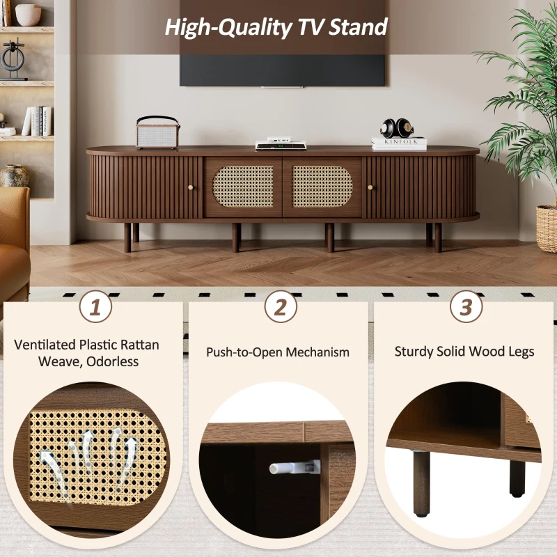 Stylish Oval TV Cabinet with Rattan-Style Fronts, Sturdy Lowboard with 30 kg Load Capacity, 180L x 40W x 40H cm, Walnut