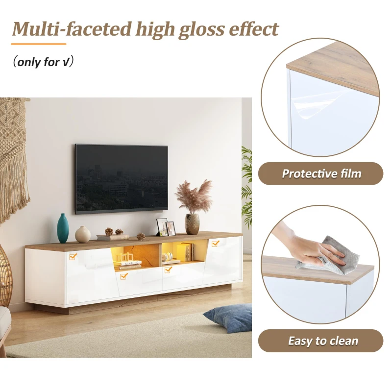 LED TV Stand with App-Controlled Ambient Lighting, Low-Profile TV Cabinet with Cable Management, 180L x 40W x 46H cm, White+Oak