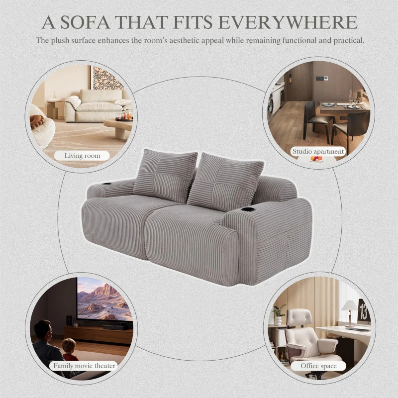 Modular 2-Seater Sofa with Built-In Cup Holder and Side Storage Pocket, Ribbed Corduroy Couch with High-Density Foam, 200L x 99W x 80H cm, Light Gray