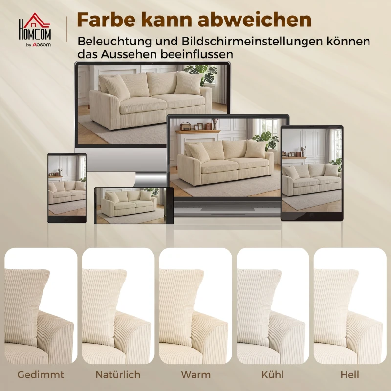 HOMCOM 3-Zitsbank met Sierkussens, Corduroy Sofa voor Woonkamer, Slaapkamer, 212 cm Breed, Crèmewit(m-7)