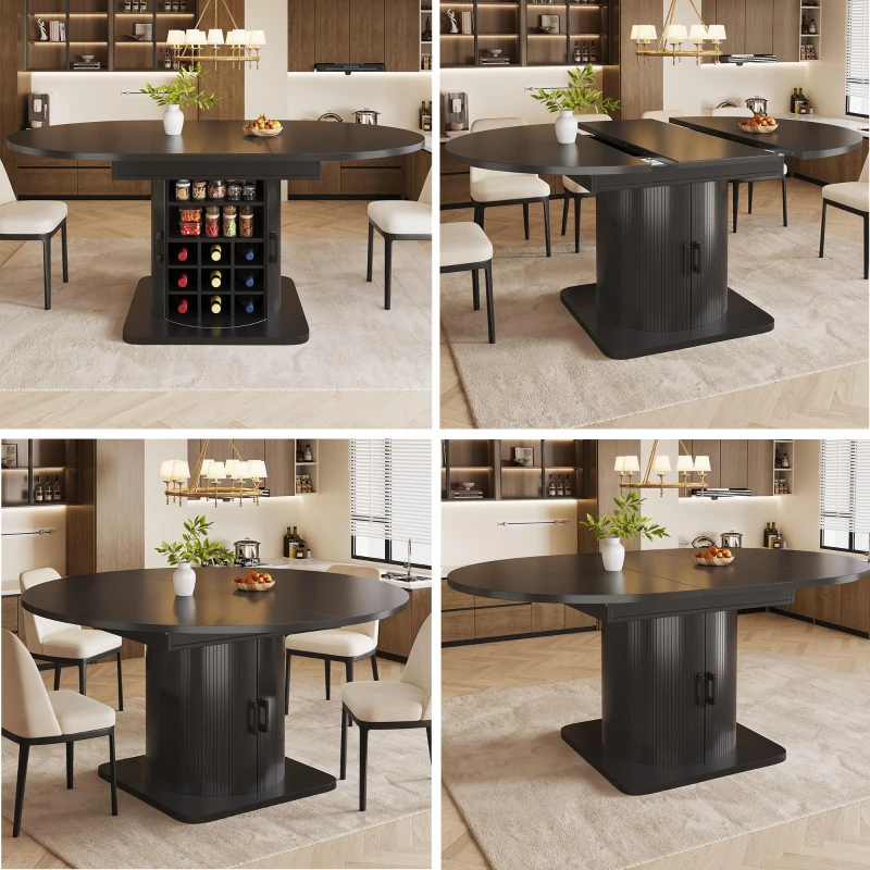 Extendable Dining Table with Hidden Storage and Wine Rack, Multifunctional Folding Table with Removable Shelves, 118L x 118W x 76H cm, Black