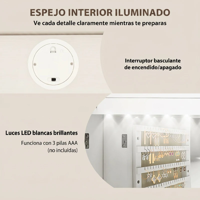 HOMCOM Espejo Joyero con Luz LED Montado en la Pared o en la Puerta con Cerradura Espejo Entero 2 Cajones Blanco