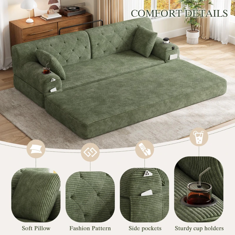 3-Seater Sleeper Sofa with Corduroy High-Back and High-Density Foam, Space-Saving Sofa Bed with 4 Side Pockets, 208L x 80W x 81H cm, Green
