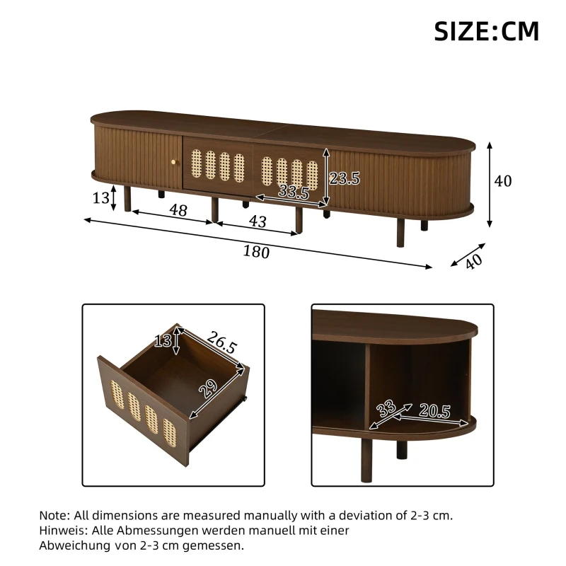 Modern TV Stand with 2 Rattan-Effect Drawers, Durable Media Unit with Large Storage, 180L x 40W x 40H cm, Walnut