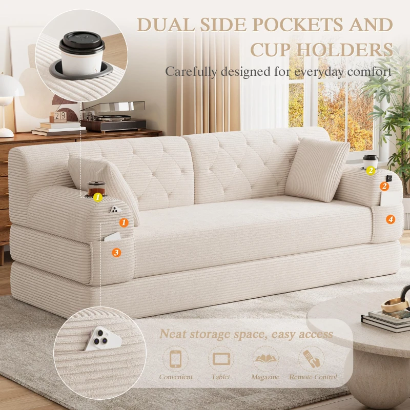 3-Seater Sleeper Sofa with Corduroy High-Back and High-Density Foam, Space-Saving Sofa Bed with 4 Side Pockets, 208L x 80W x 81H cm, Beige