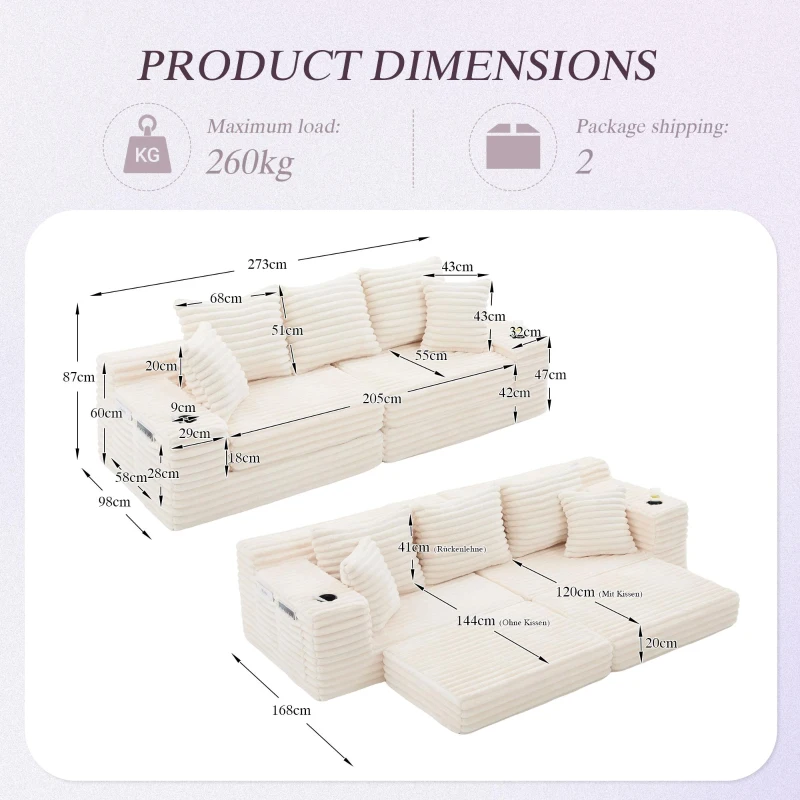 Convertible Sofa Bed with High Backrest and Extra Pillow, Ribbed Corduroy Couch with Dual Side Pockets, 107.5L x 38.5W x 34H cm, Beige
