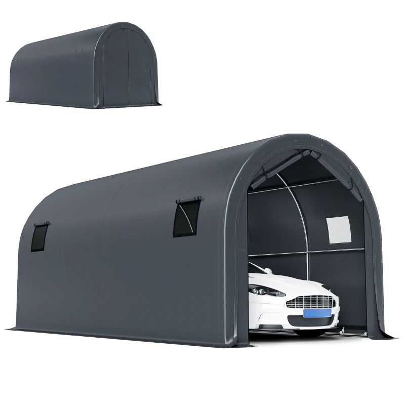Outsunny Carport 3x6m, Garaj Portabil cu Ușă și Ferestre, Gri Închis