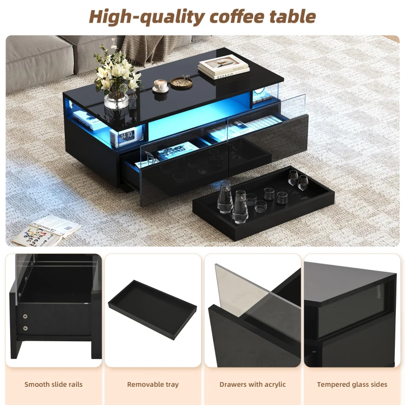 High-Gloss 3-Tier Coffee Table with Removable Tray, Sturdy Center Table with App-Controlled LED Lights, 90L x 45W x 35.5H cm, Black